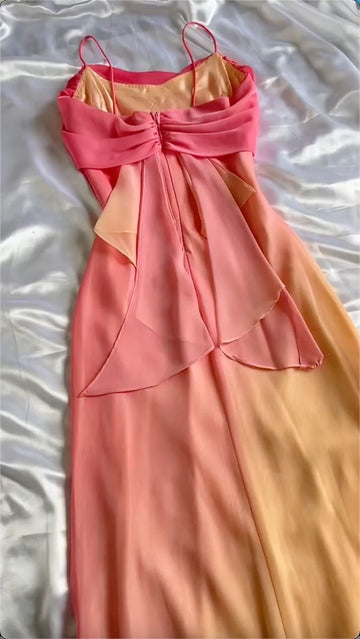 Unique A Line Spaghetti Strap Orange Pink Ombre Chiffon Evening Dress Party Dress HZ1023